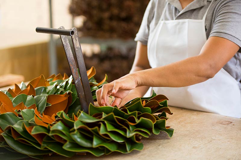Hand Constructing Fresh Magnolia Wreath